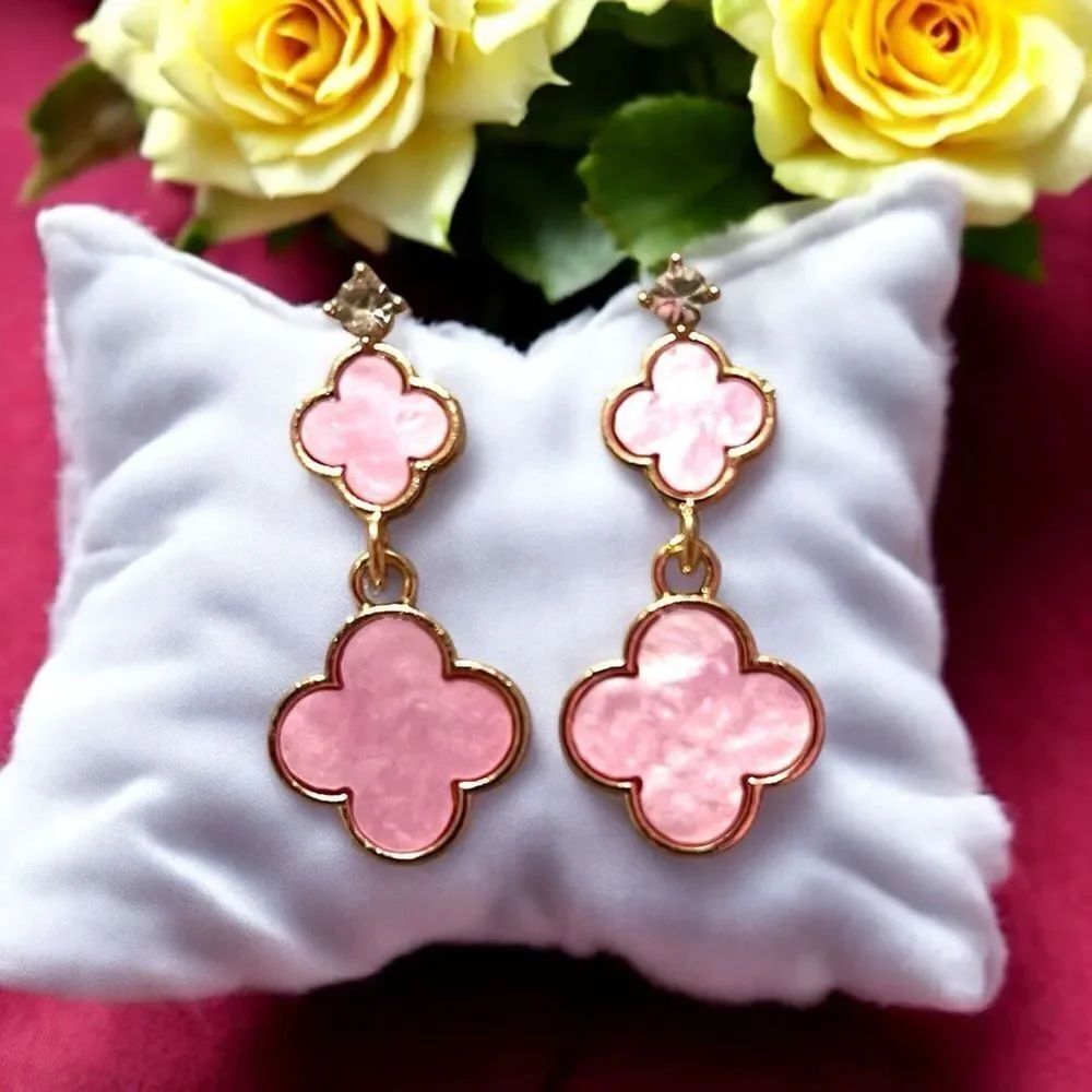Designer Inspired Double Lavender Clover Gold Tone Dangle Earrings